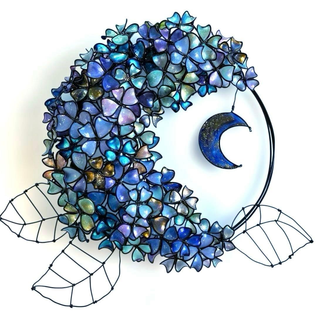 一点物　銀河　月×大きな紫陽花リース　ディップアート　アート　ワイヤークラフト