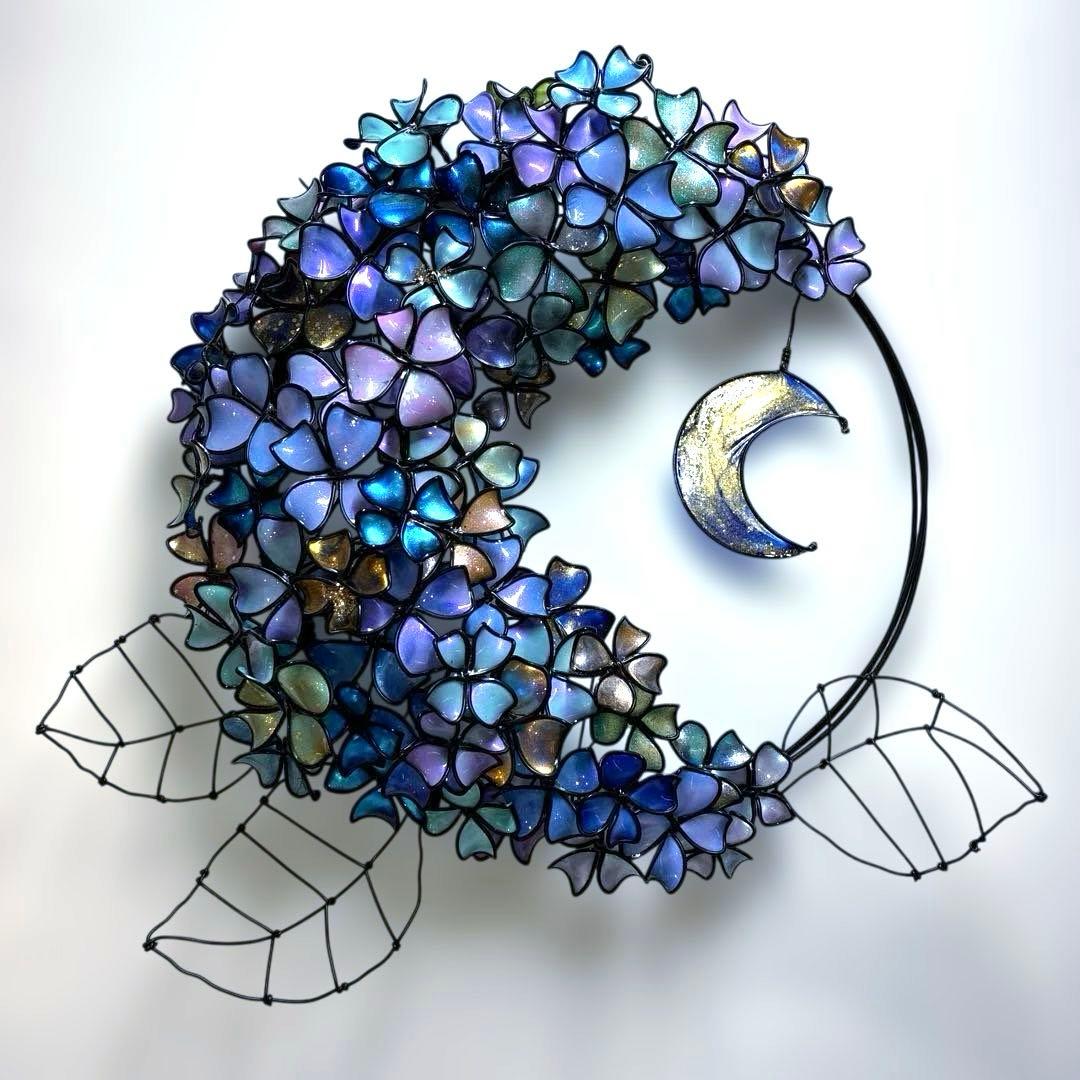 一点物　銀河　月×大きな紫陽花リース　ディップアート　アート　ワイヤークラフト