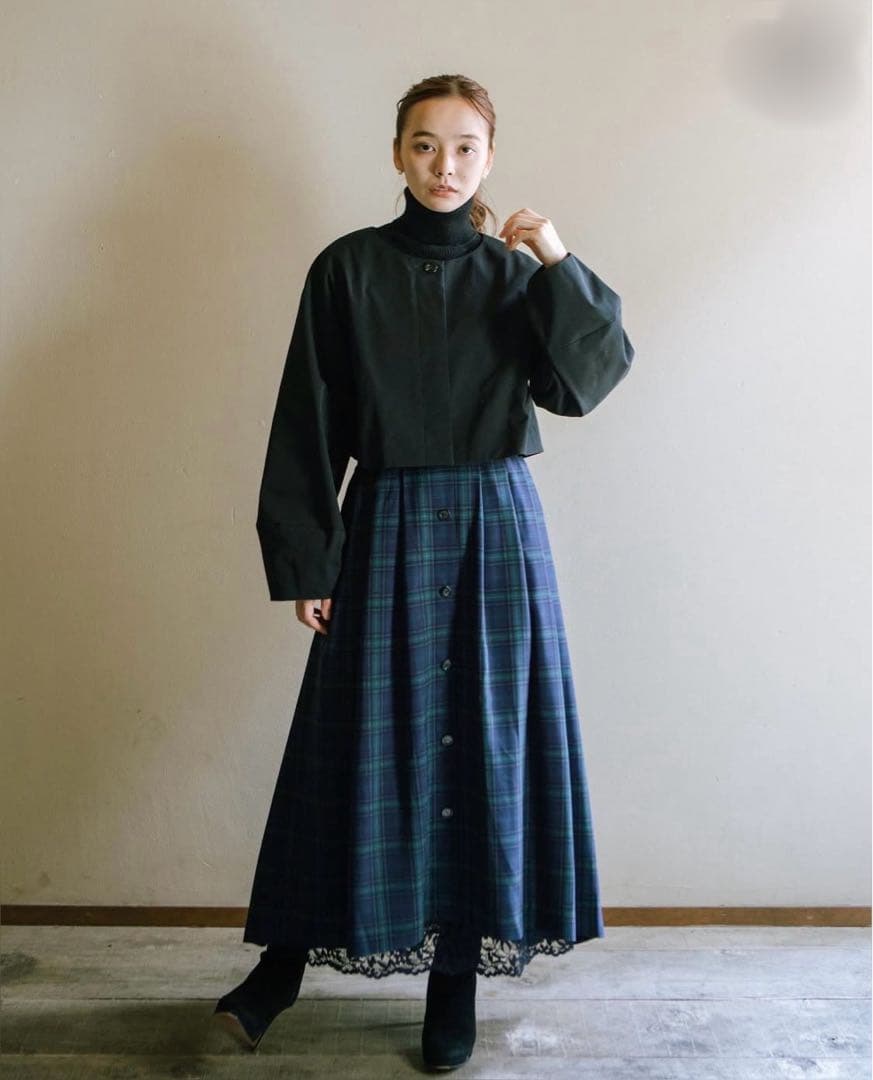 Ruimeme ネイビーチェック スカート Armelle tuck skirt