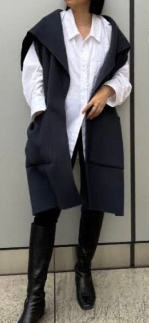 ETRÉ フード付きネイビー ロングコート