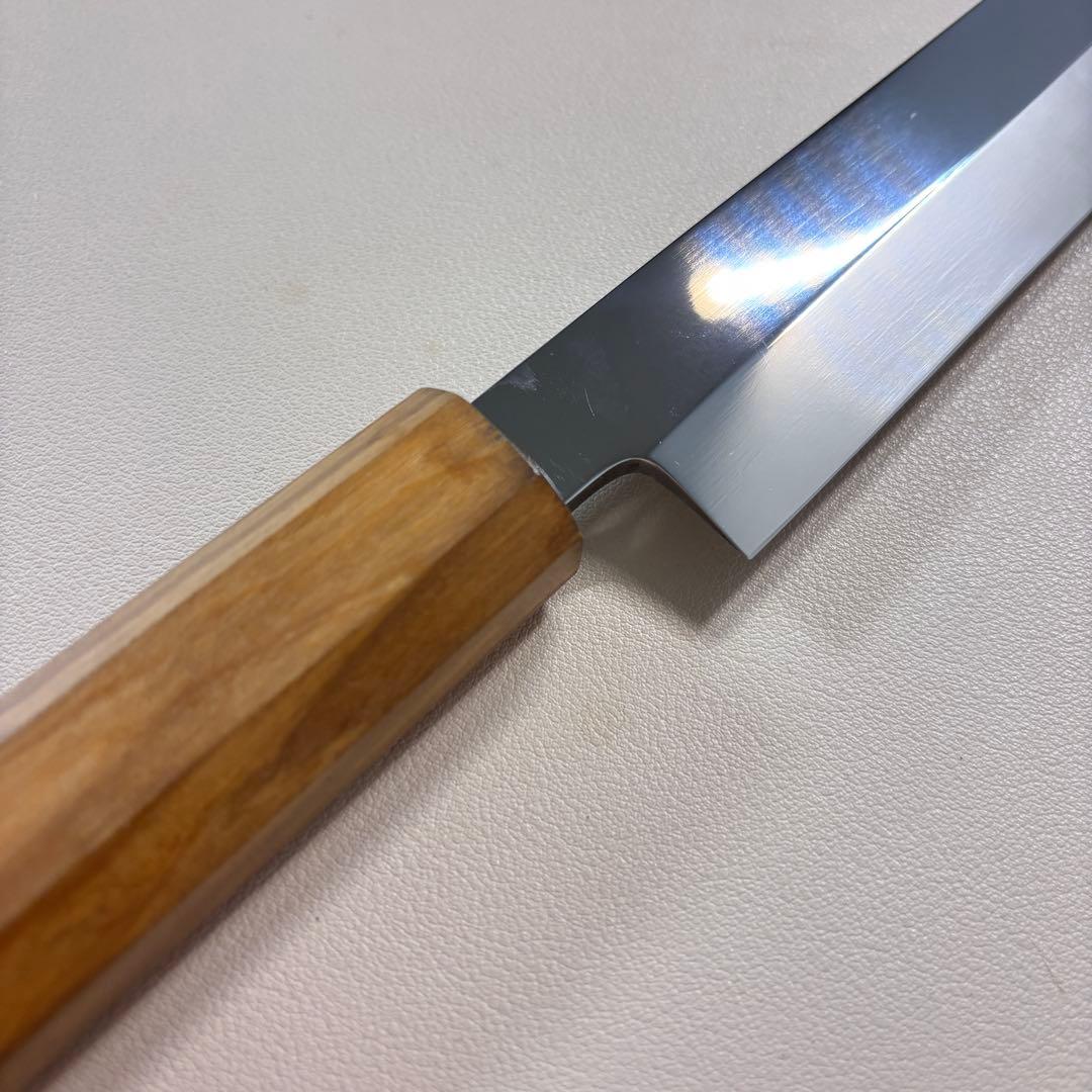 270mm 先丸柳刃包丁 鏡面　オリーブ材八角柄 刺身包丁 「全鋼」'ᙁ