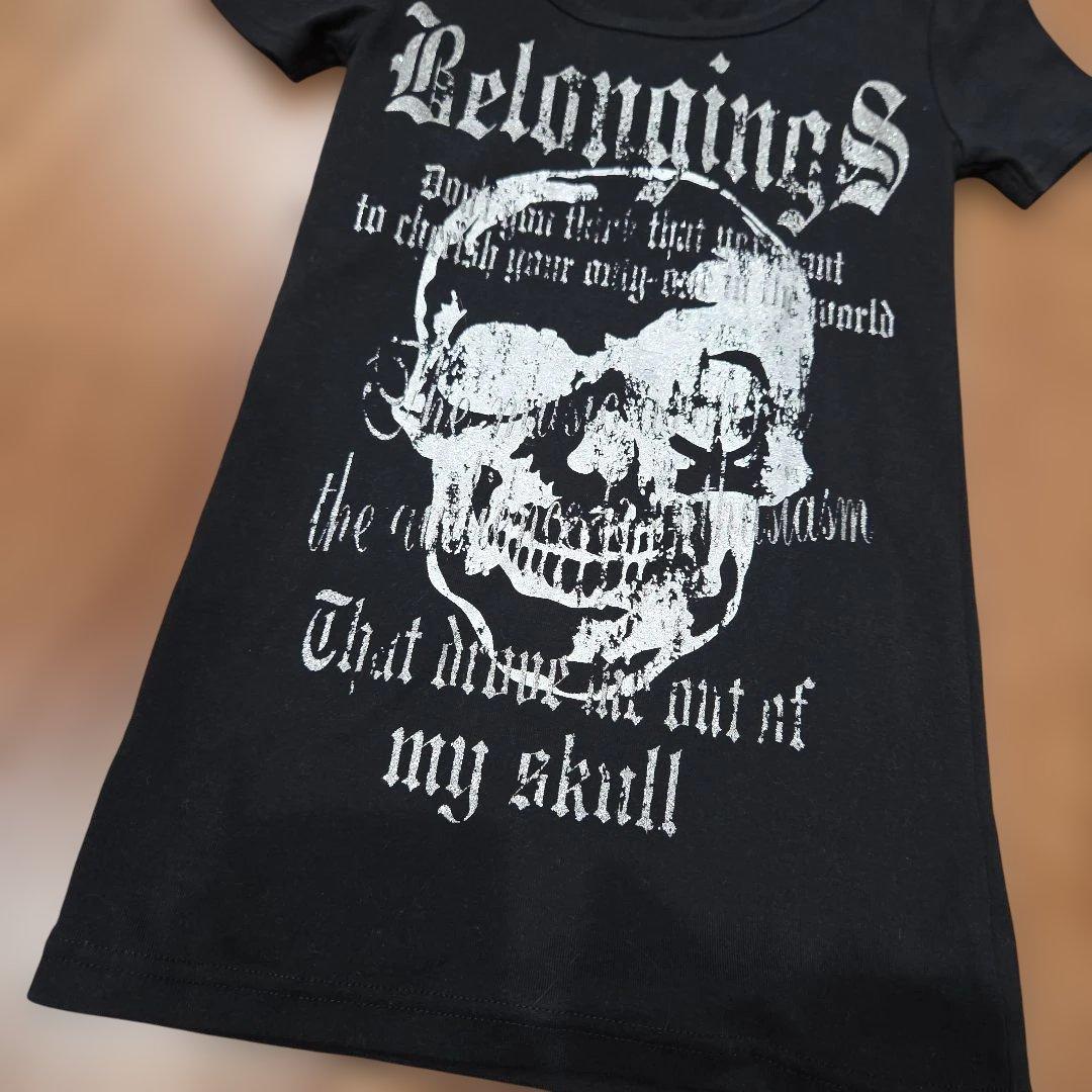 y2k グランジロック 髑髏　後ろフェザー 羽 プリント　ピチtシャツ