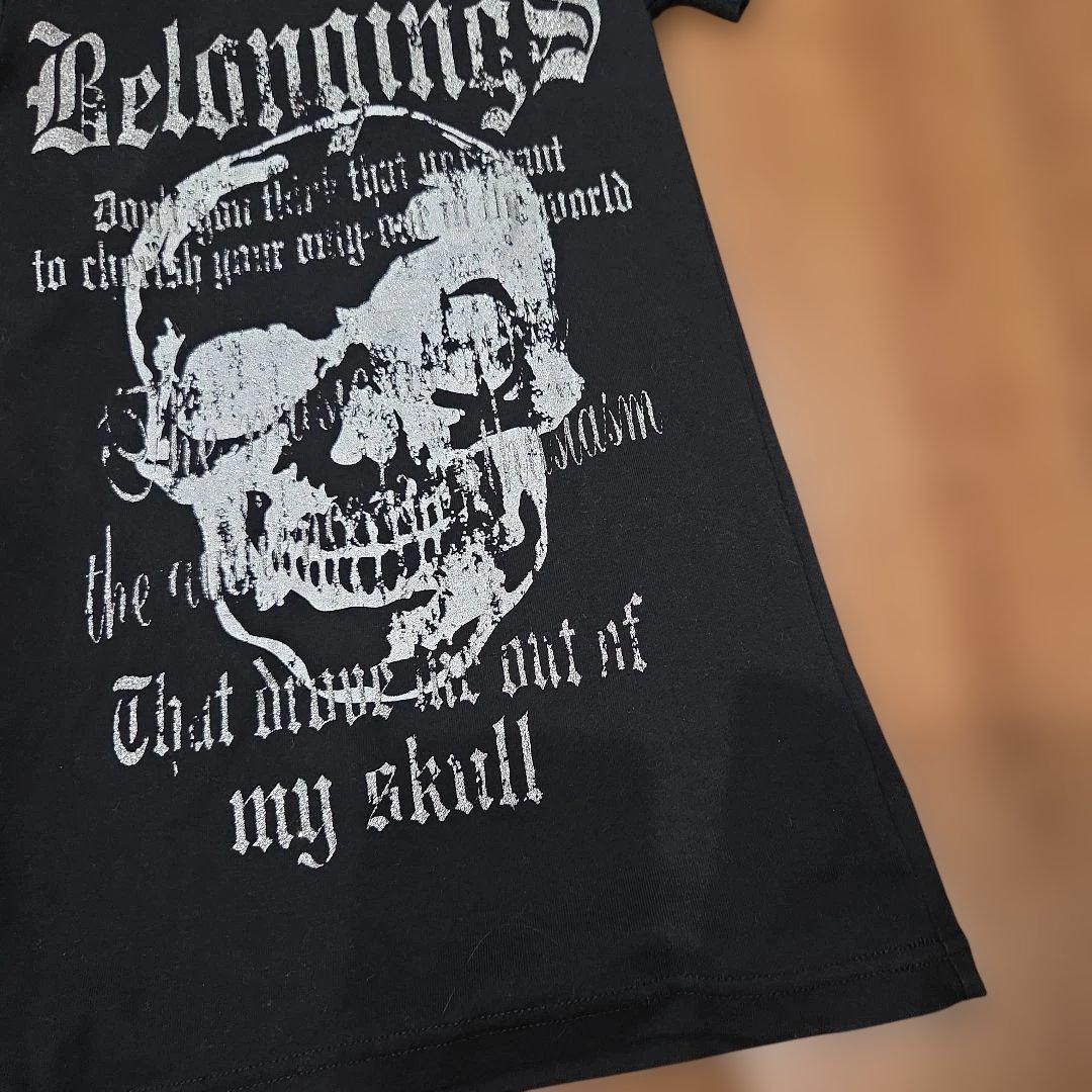 y2k グランジロック 髑髏　後ろフェザー 羽 プリント　ピチtシャツ