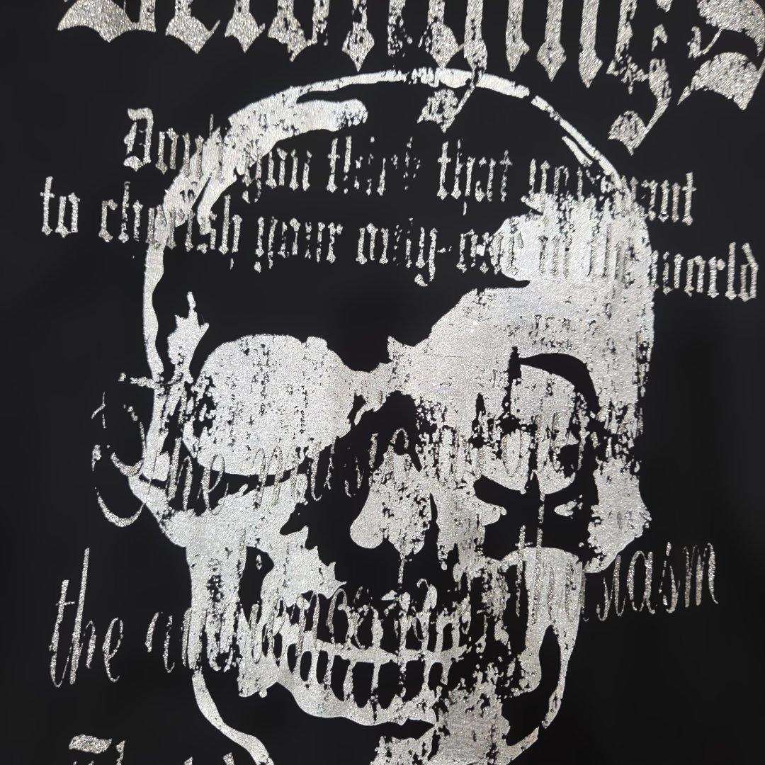 y2k グランジロック 髑髏　後ろフェザー 羽 プリント　ピチtシャツ