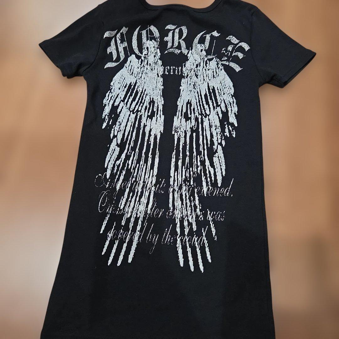 y2k グランジロック 髑髏　後ろフェザー 羽 プリント　ピチtシャツ