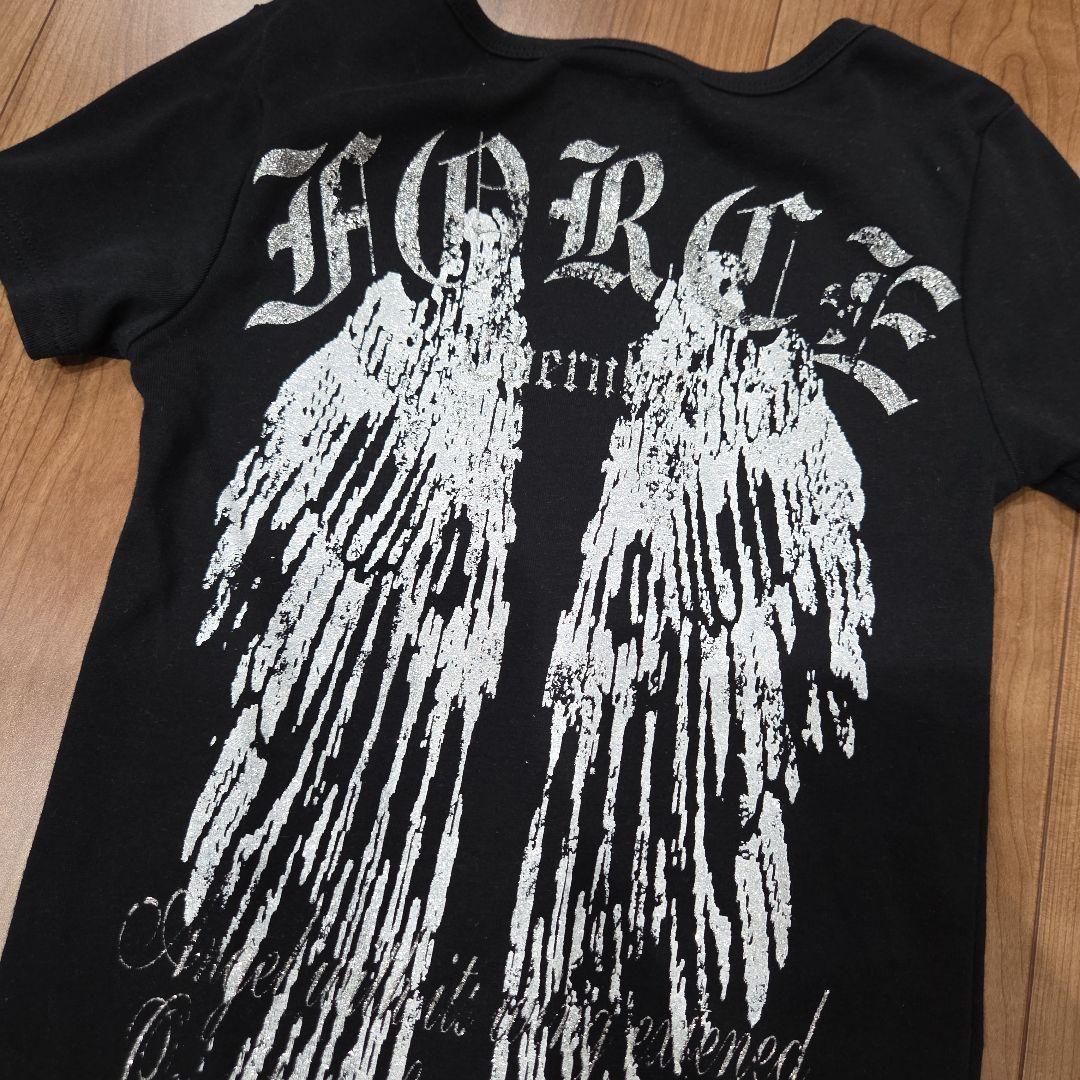 y2k グランジロック 髑髏　後ろフェザー 羽 プリント　ピチtシャツ