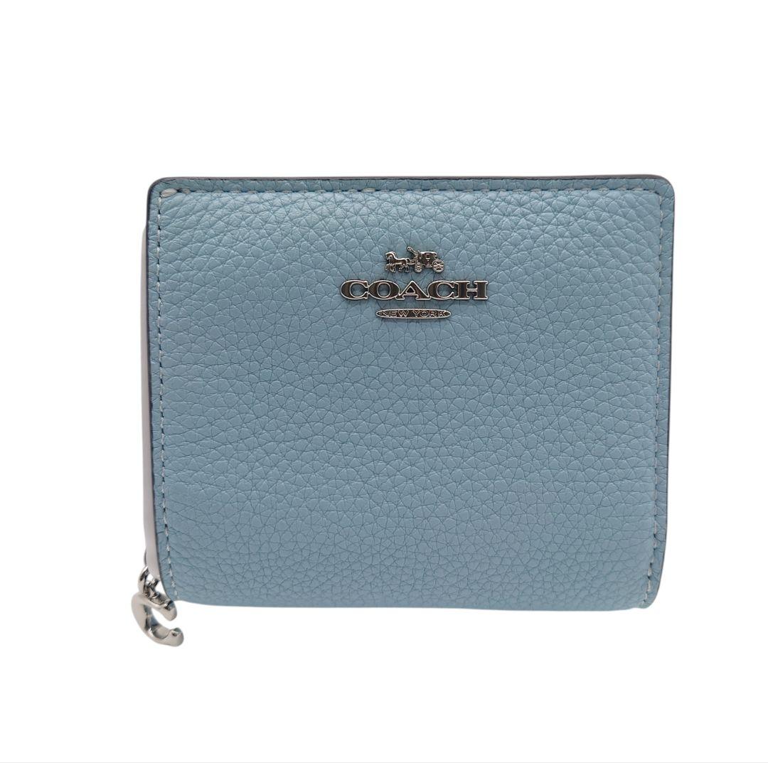 【極美品】COACH 二つ折り財布 　シルバー　水色　コンパクト　ウォレット
