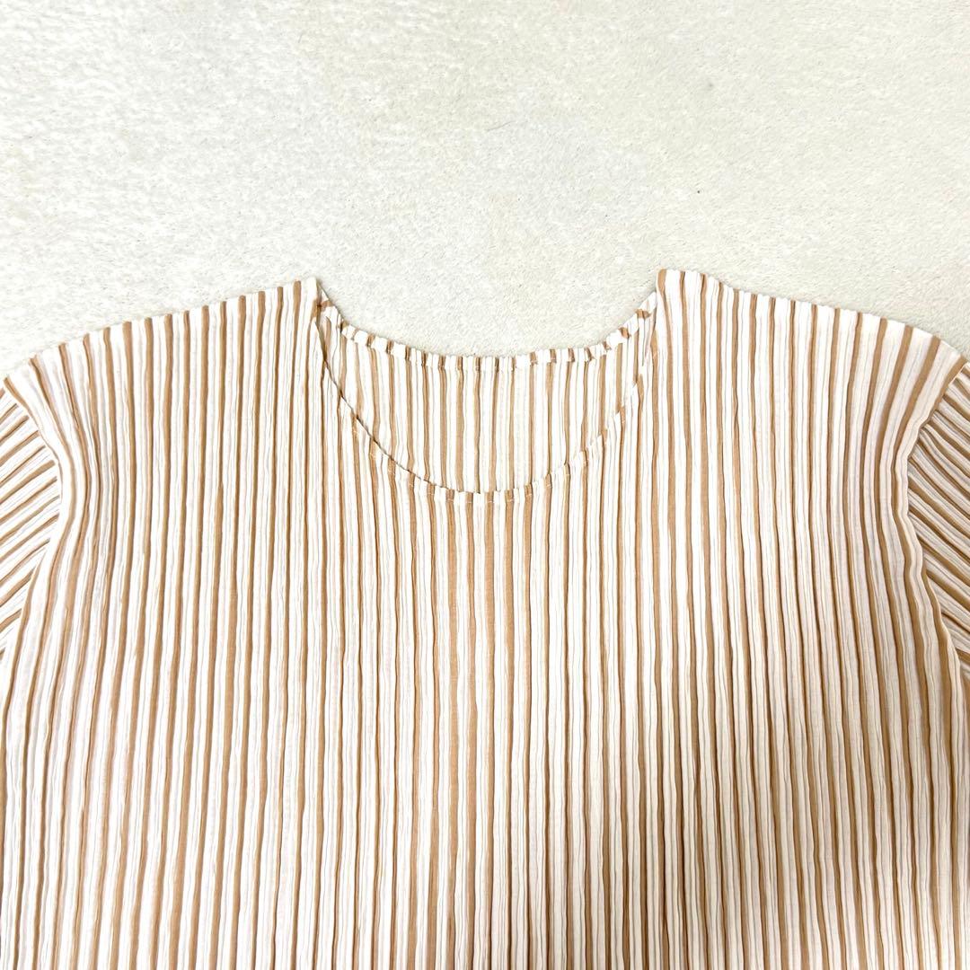 極美品✨ISSEY MIYAKE プリーツ　ストライプ　ブラウン　ホワイト　半袖