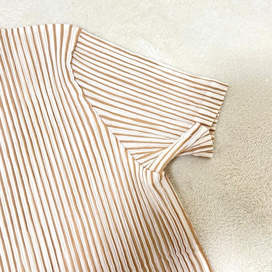 極美品✨ISSEY MIYAKE プリーツ　ストライプ　ブラウン　ホワイト　半袖