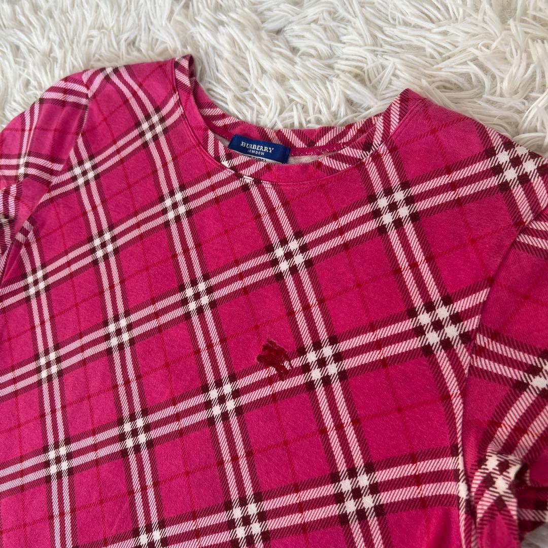 美品✨バーバリーブルーレーベル ノバチェック 総柄カットソー ピンク　ホース刺繍