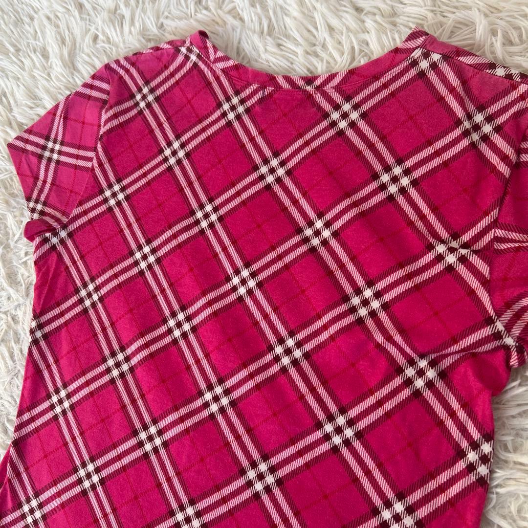 美品✨バーバリーブルーレーベル ノバチェック 総柄カットソー ピンク　ホース刺繍