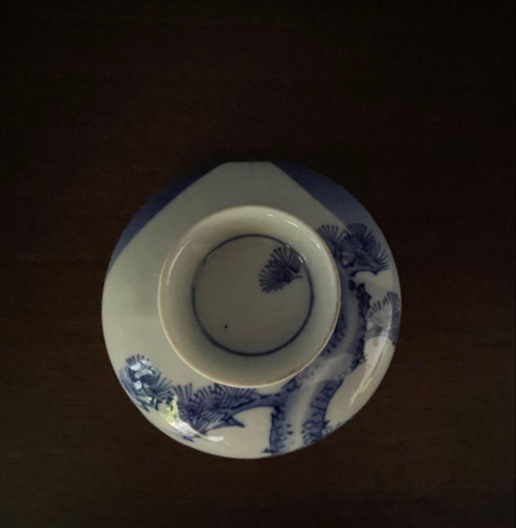 古伊万里　染付富士と松　蓋付き飯碗4客揃