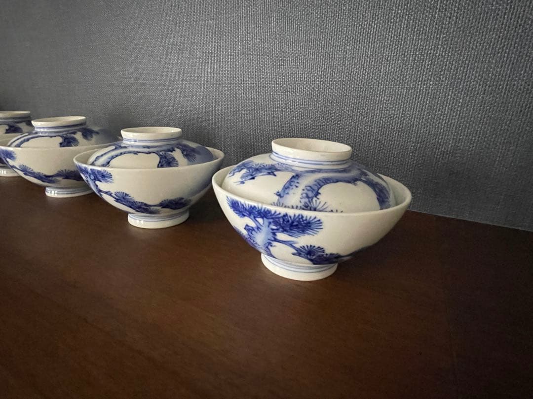 古伊万里　染付富士と松　蓋付き飯碗4客揃