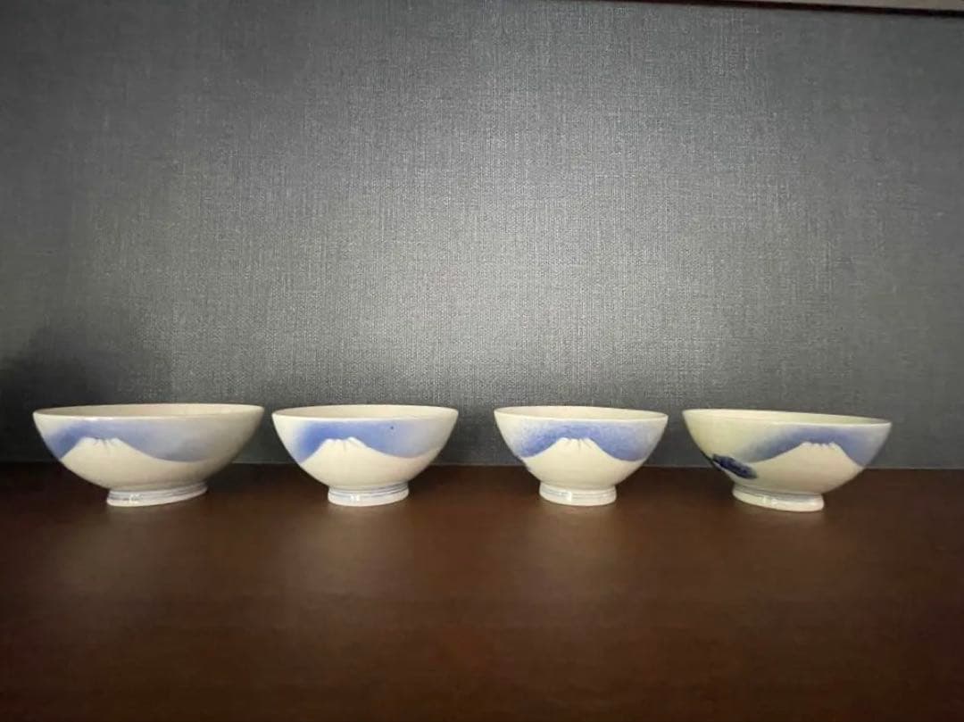 古伊万里　染付富士と松　蓋付き飯碗4客揃