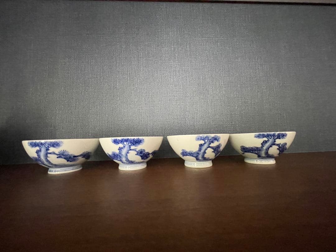 古伊万里　染付富士と松　蓋付き飯碗4客揃