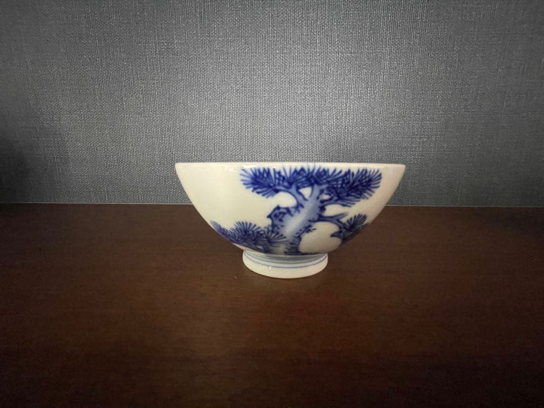 古伊万里　染付富士と松　蓋付き飯碗4客揃