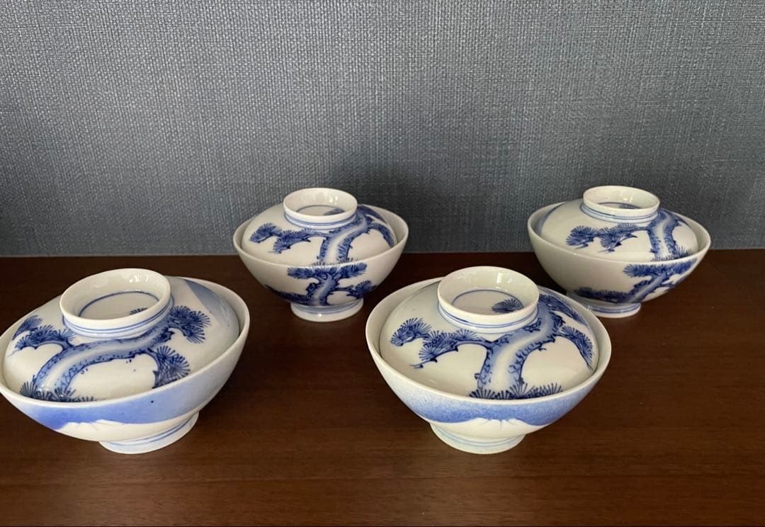 古伊万里　染付富士と松　蓋付き飯碗4客揃
