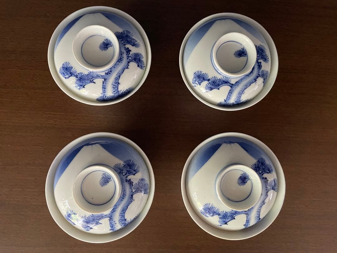 古伊万里　染付富士と松　蓋付き飯碗4客揃