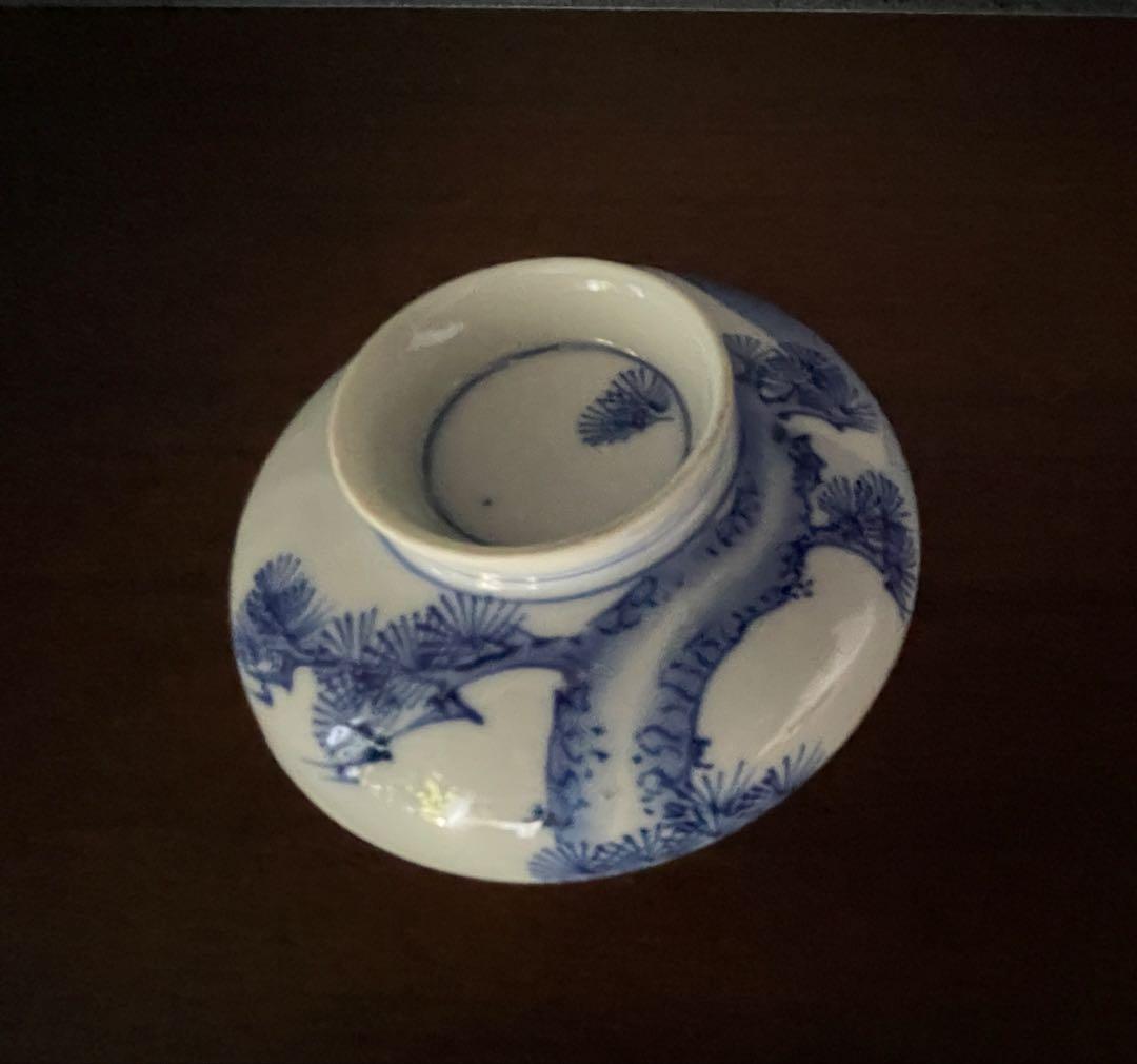 古伊万里　染付富士と松　蓋付き飯碗4客揃