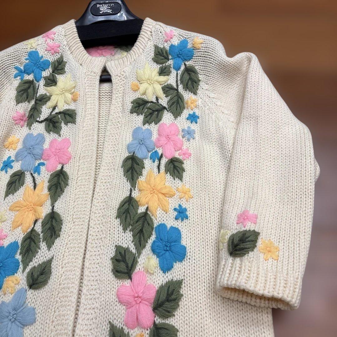 ヴィンテージ 花柄刺繍 ウール ロング ニットガウン