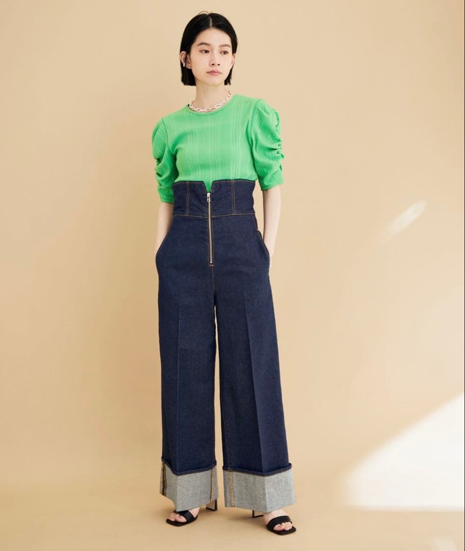 アダムエロペ　ダークブルー ハイウエストデニムパンツ