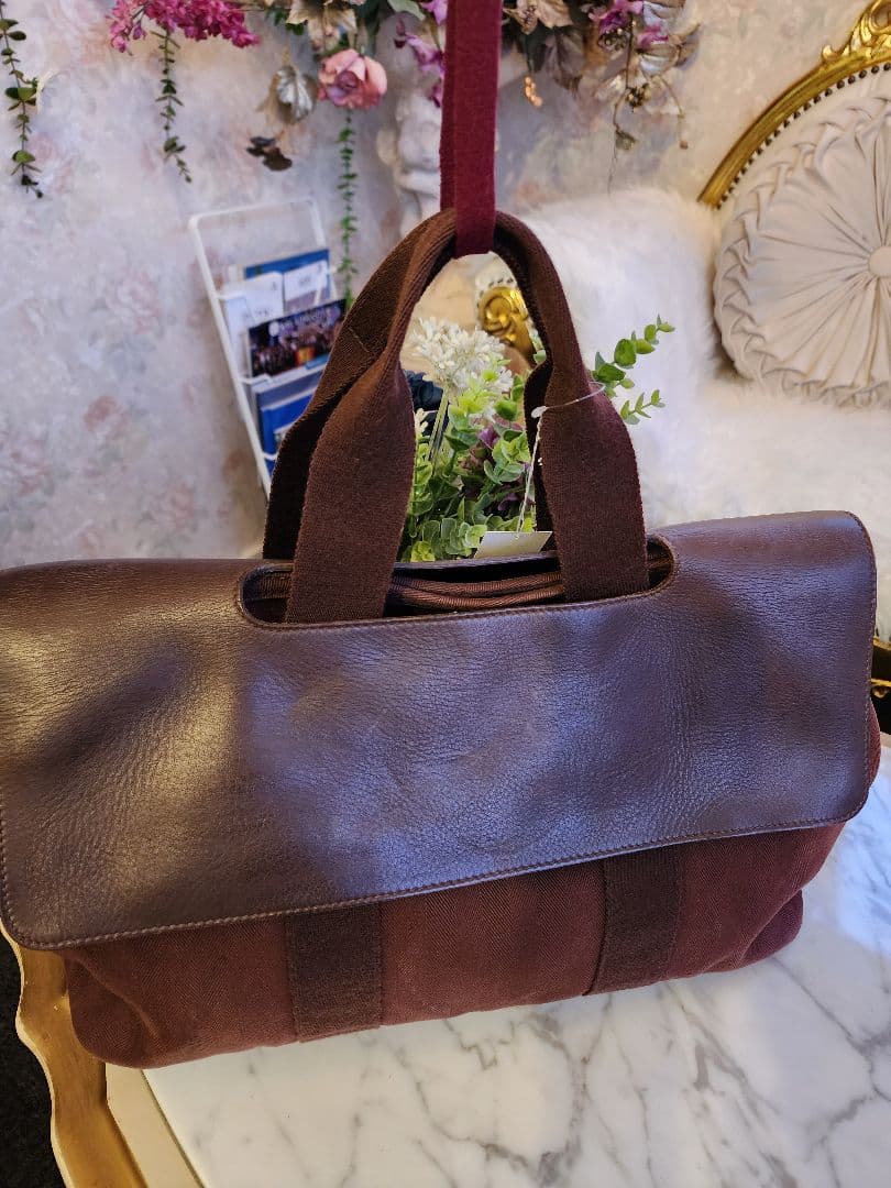 HERMESブラウン レザー キャンバス ボストンバッグ