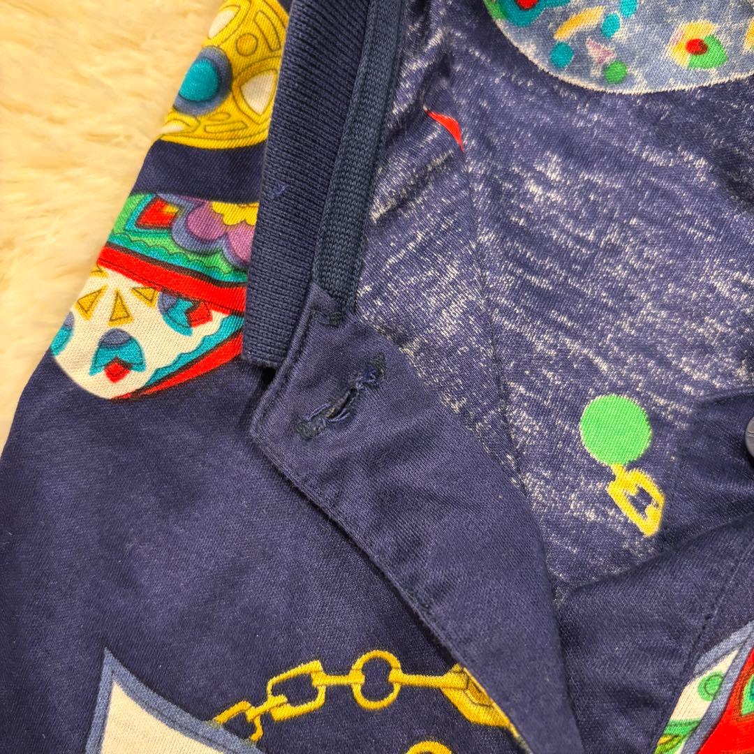 ★LEONARD SPORT★L★カラフル装飾 紺長袖ポロシャツ★左胸ロゴ刺繍有