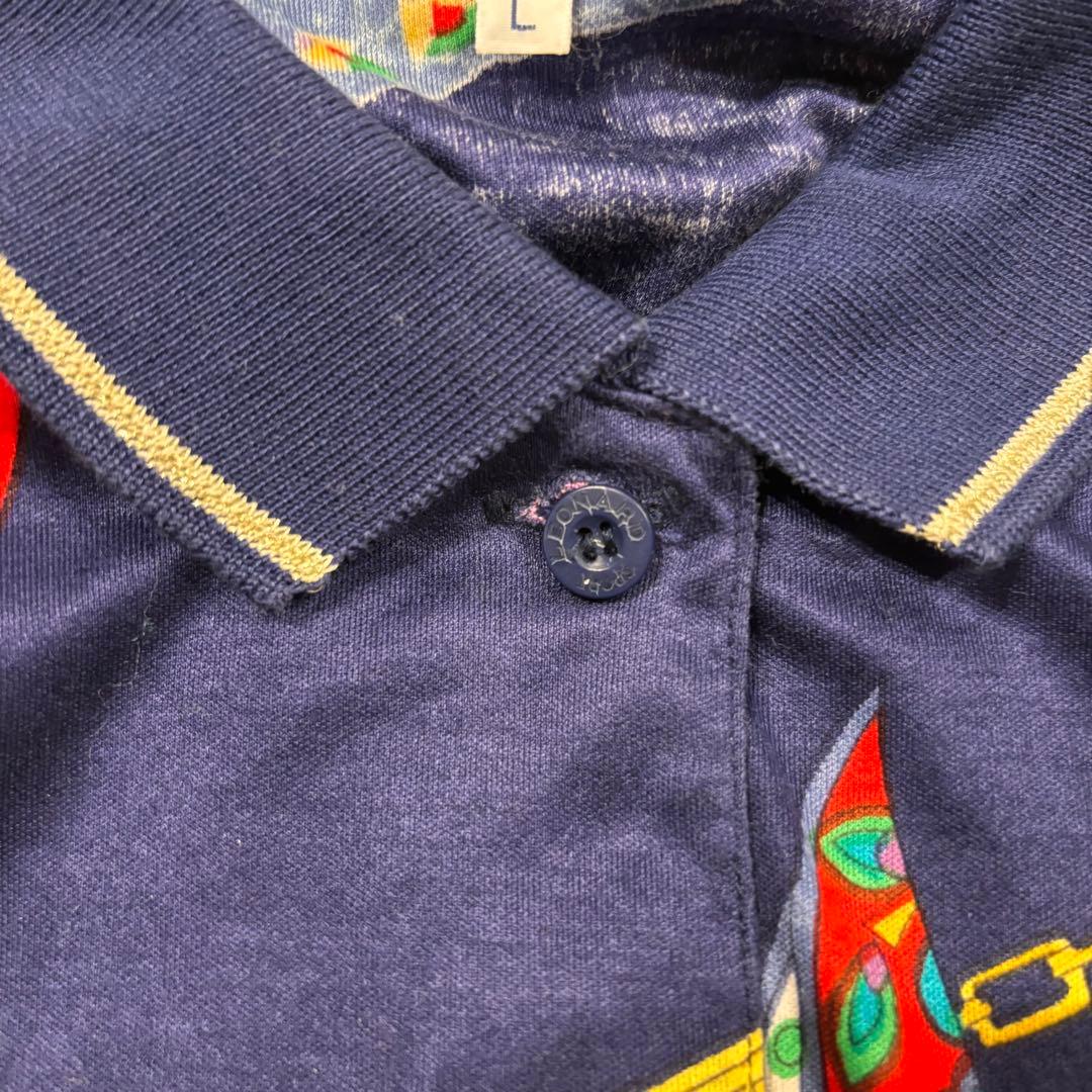 ★LEONARD SPORT★L★カラフル装飾 紺長袖ポロシャツ★左胸ロゴ刺繍有