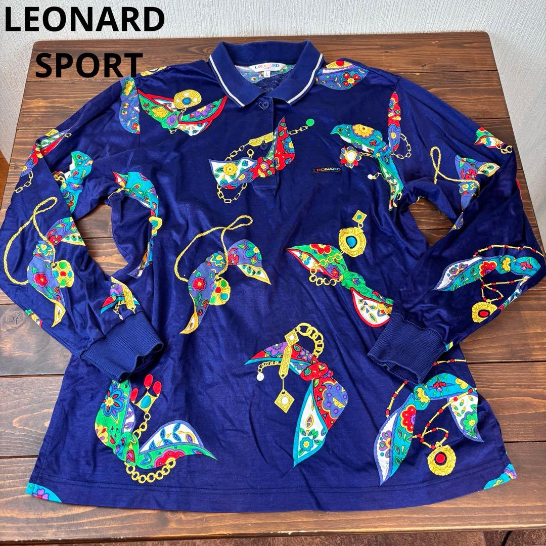 ★LEONARD SPORT★L★カラフル装飾 紺長袖ポロシャツ★左胸ロゴ刺繍有