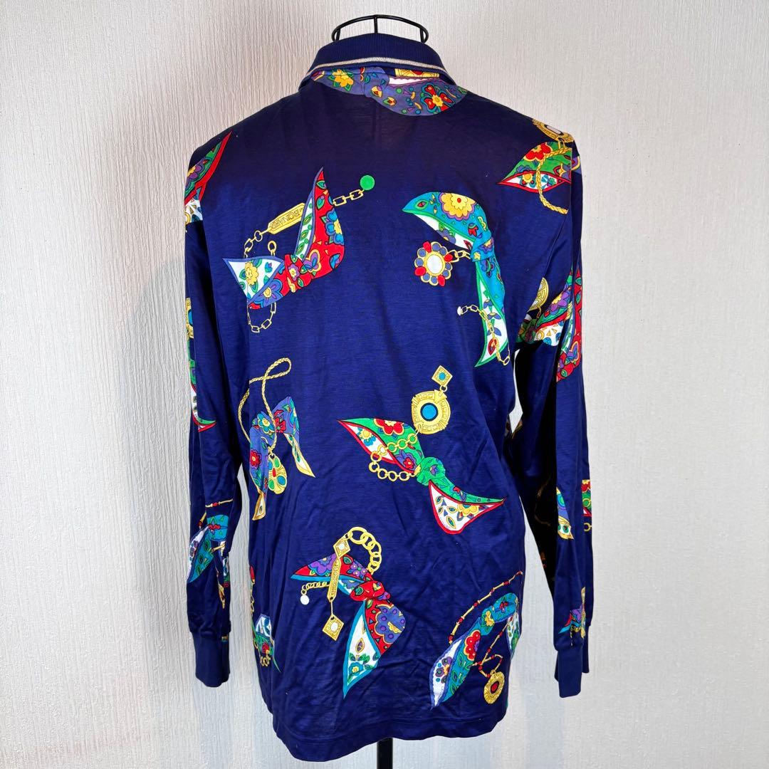 ★LEONARD SPORT★L★カラフル装飾 紺長袖ポロシャツ★左胸ロゴ刺繍有