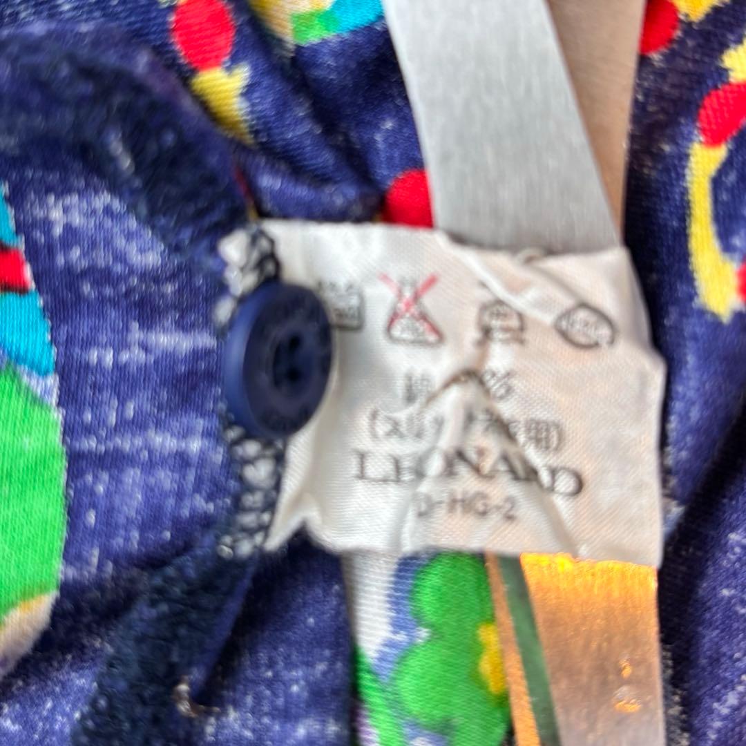 ★LEONARD SPORT★L★カラフル装飾 紺長袖ポロシャツ★左胸ロゴ刺繍有