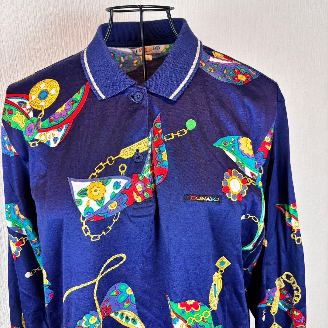 ★LEONARD SPORT★L★カラフル装飾 紺長袖ポロシャツ★左胸ロゴ刺繍有