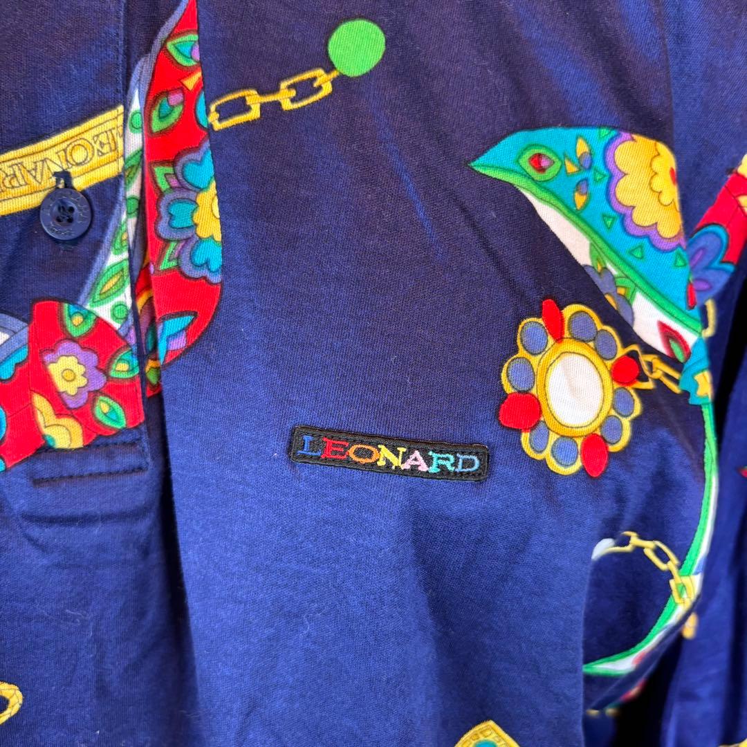 ★LEONARD SPORT★L★カラフル装飾 紺長袖ポロシャツ★左胸ロゴ刺繍有