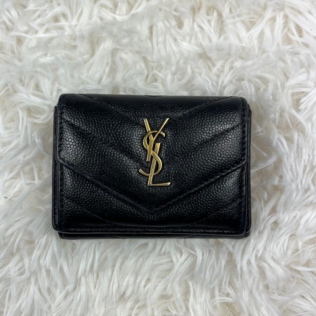 サンローラン 3つ折り財布 カサンドラ ブラック 黒 YSL キャビアスキン