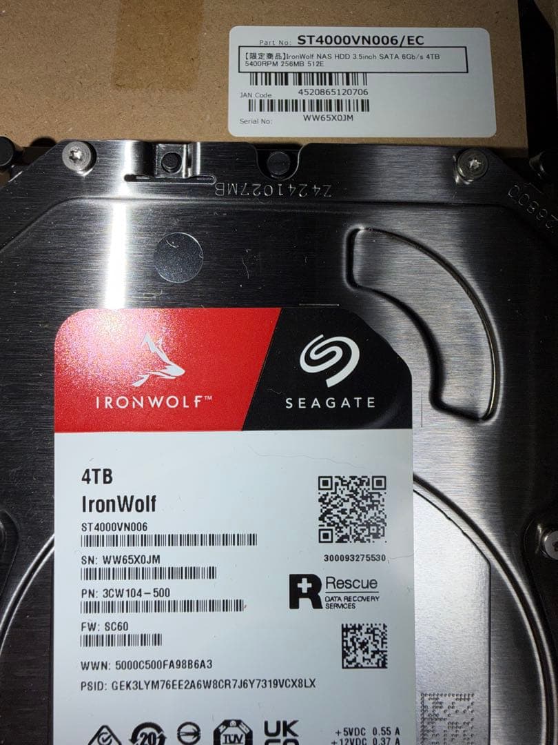 美品 Seagate IronWolf nas用 HDD 4TB 2台 起動6回