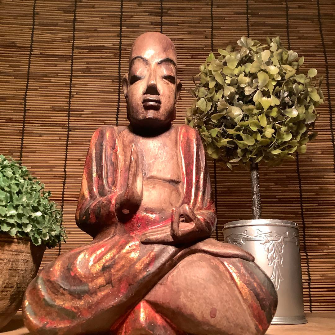 ビルマ期・釈迦修行期「悟り・仏陀瞑想姿」ビルマ様式・生前釈迦・悟り開眼・彩色木彫