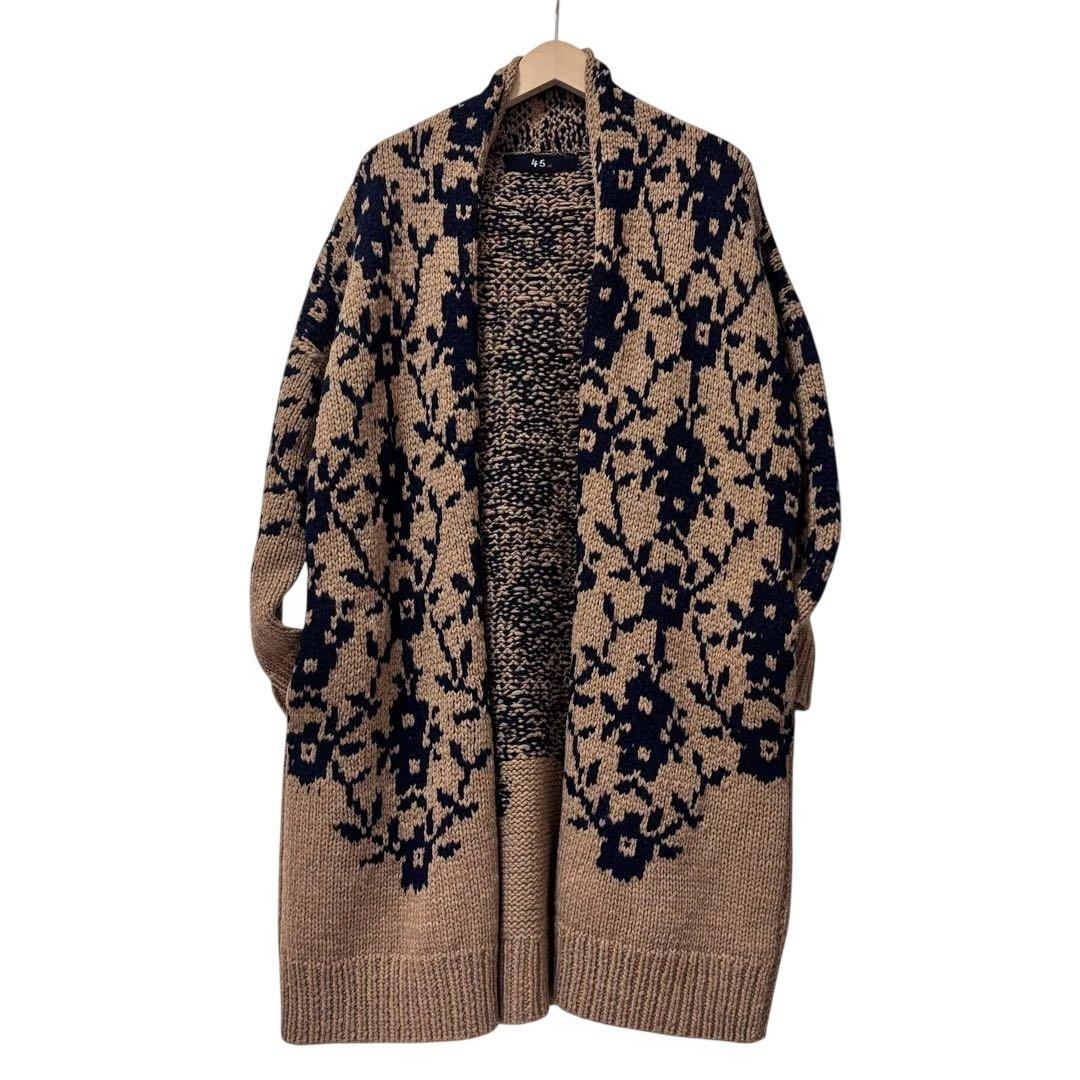 美品 ◎ 45R 手編み ハンドニット カウチン ガウンコート 花柄 ウール