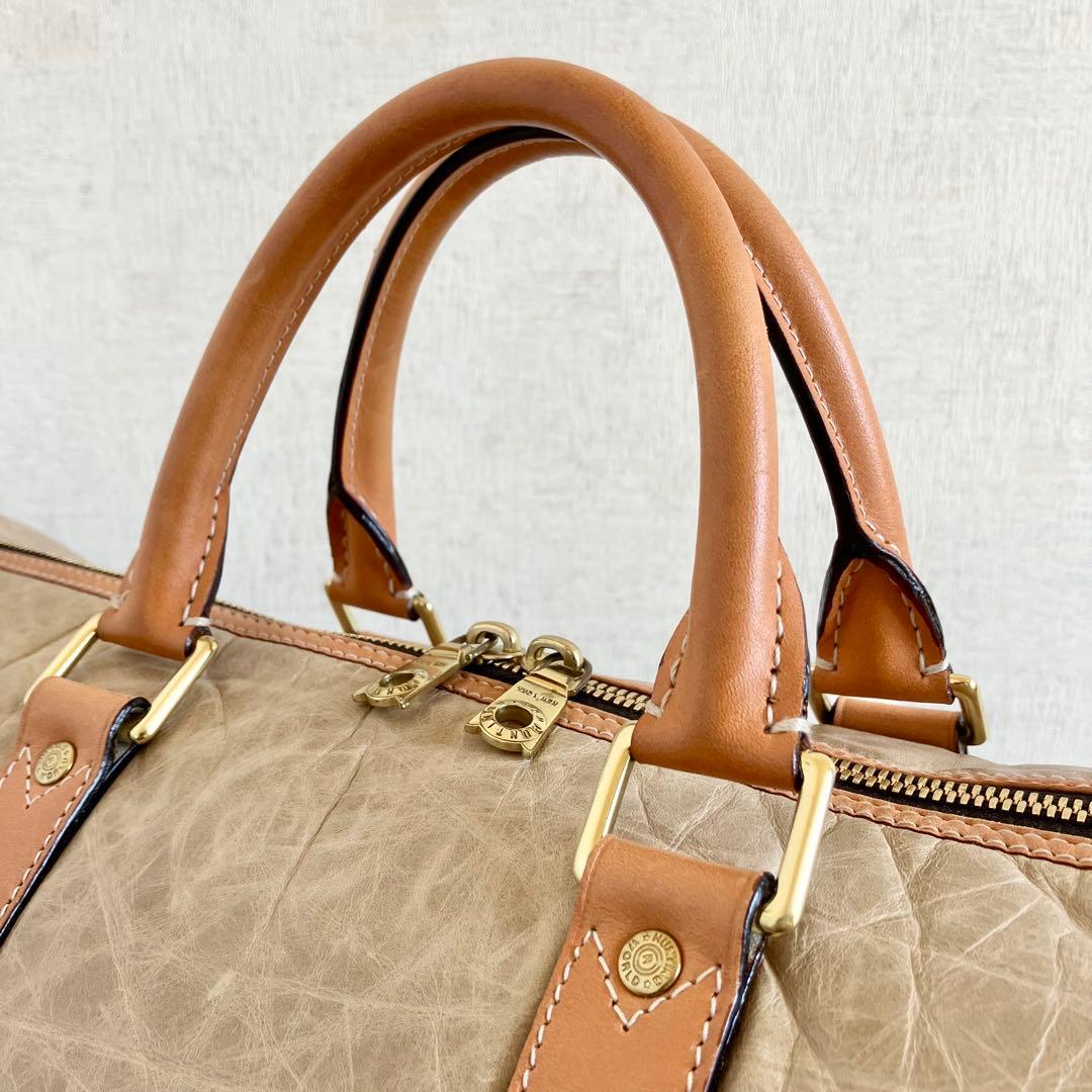 【美品 大容量】ハンティングワールド　ボストンバッグ　本革　バチュークロス　ロゴ