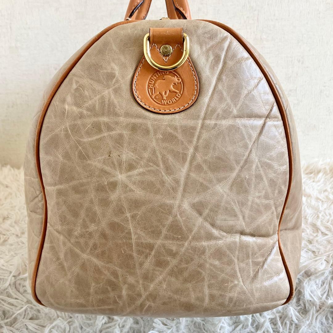 【美品 大容量】ハンティングワールド　ボストンバッグ　本革　バチュークロス　ロゴ