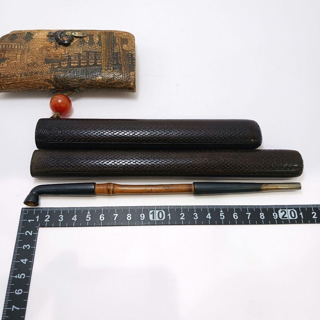 Y2978-5 時代物 象嵌 山水楼閣図 煙管筒 煙草入 キセル筒 瑪瑙玉
