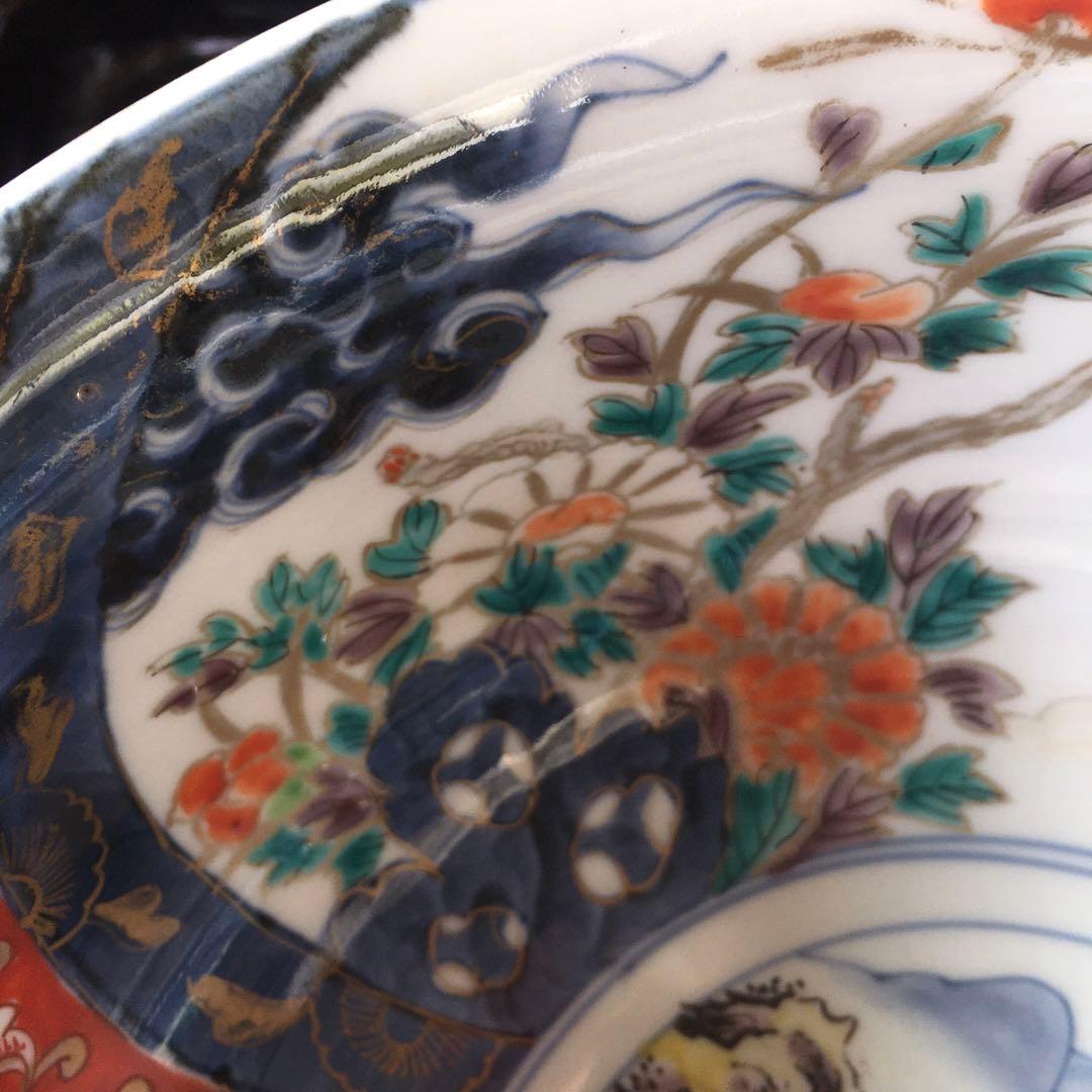 古伊万里　金蘭手染錦　深鉢　山水文橘に獅子の図　雲　車紋　染錦大鉢