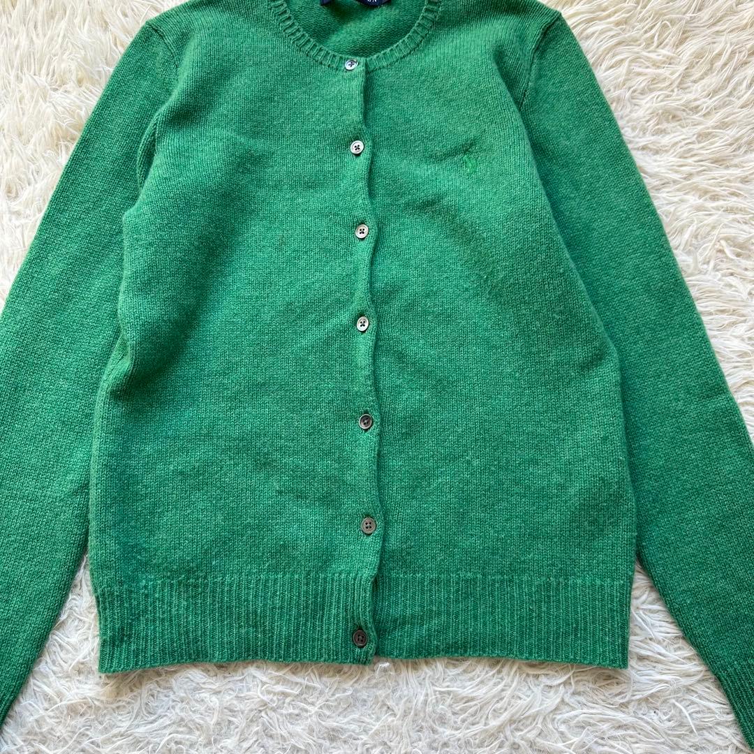 ラルフローレン　シルク混ウール　ニットカーディガン　ロゴ刺繍　緑　グリーン　L
