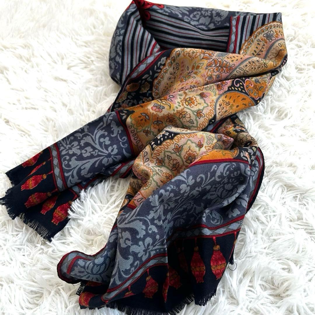 ETRO ウール×シルク ペイズリー柄 ストール フリンジ付 イタリア製