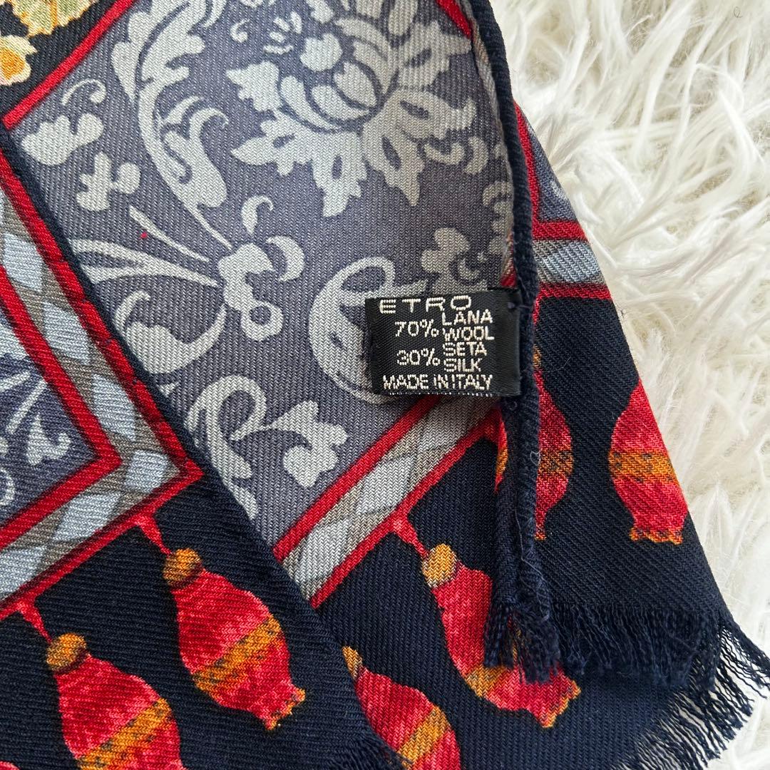 ETRO ウール×シルク ペイズリー柄 ストール フリンジ付 イタリア製