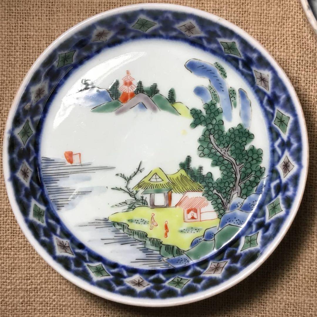古伊万里◆小皿２枚◆色絵 染付 ４寸 12㎝ 山水 手塩皿 豆皿 銘々皿 和食器