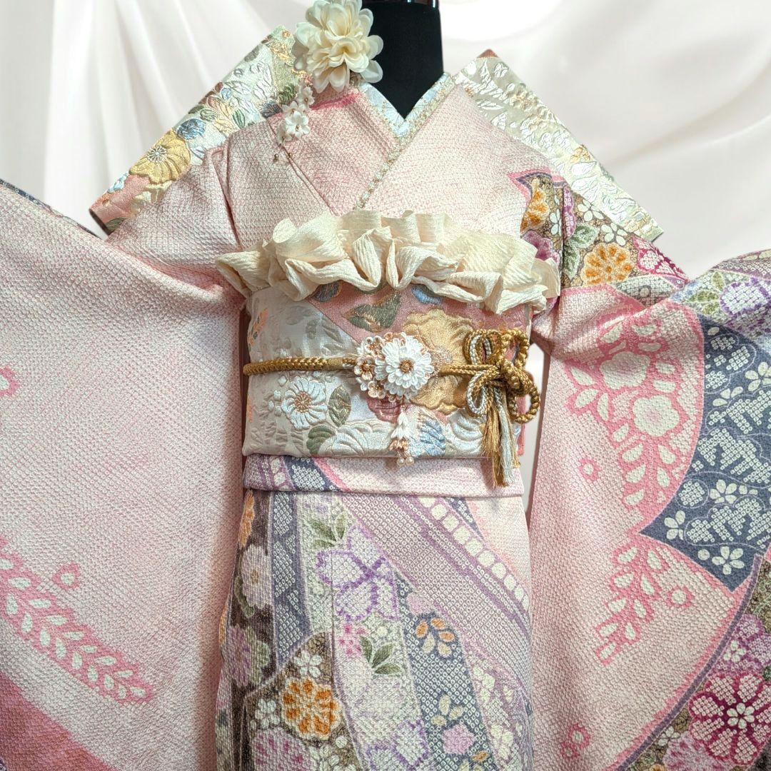 希少！振袖フルセット(8点)・成人式・総絞り・エンボス加工・胴裏正絹・高身長