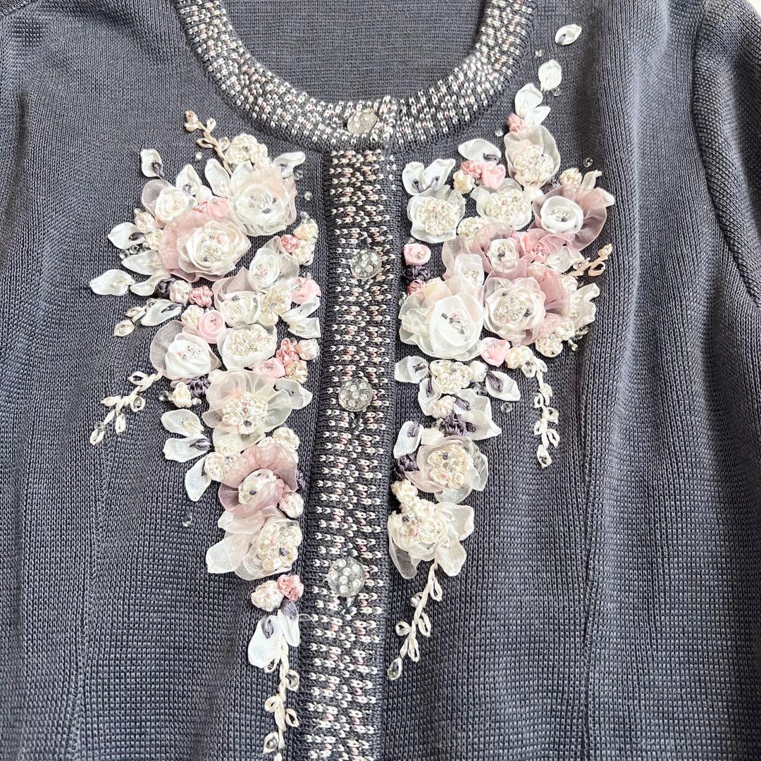 アトリエサガン　リネン　日本製　お花　ビーズ　刺繍　カーディガン　L