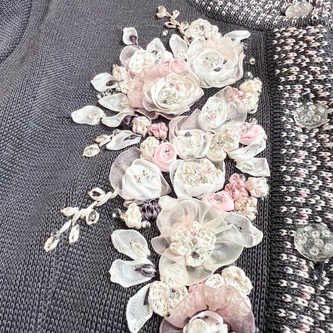 アトリエサガン　リネン　日本製　お花　ビーズ　刺繍　カーディガン　L