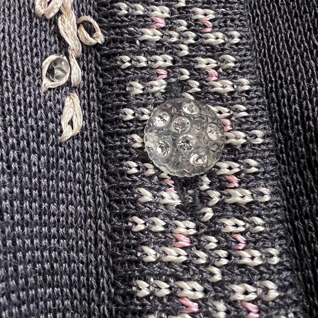 アトリエサガン　リネン　日本製　お花　ビーズ　刺繍　カーディガン　L