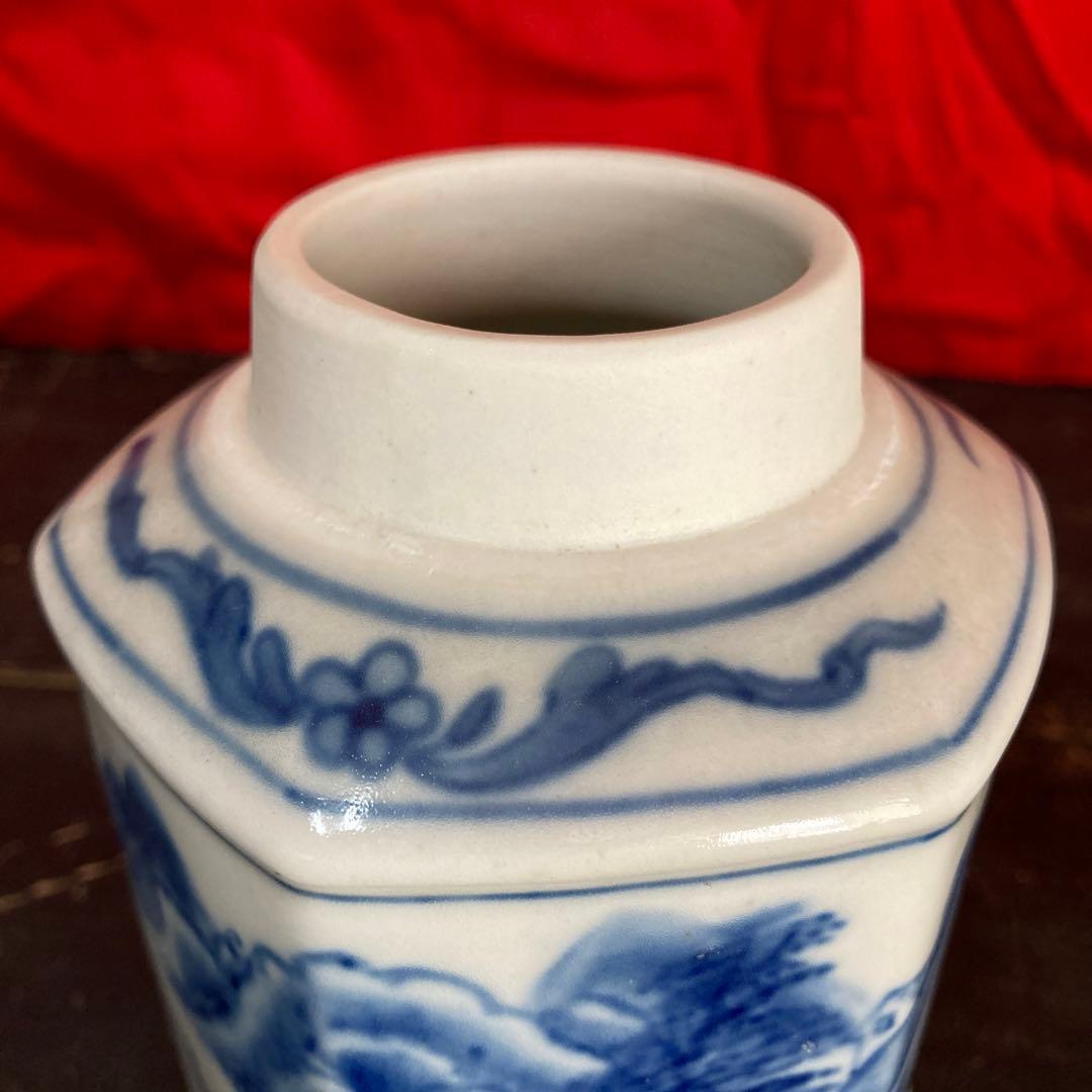 ①中国　染付　急須　水注　山水図　康熙年製銘②中国　染付　茶葉入　山水図　二点